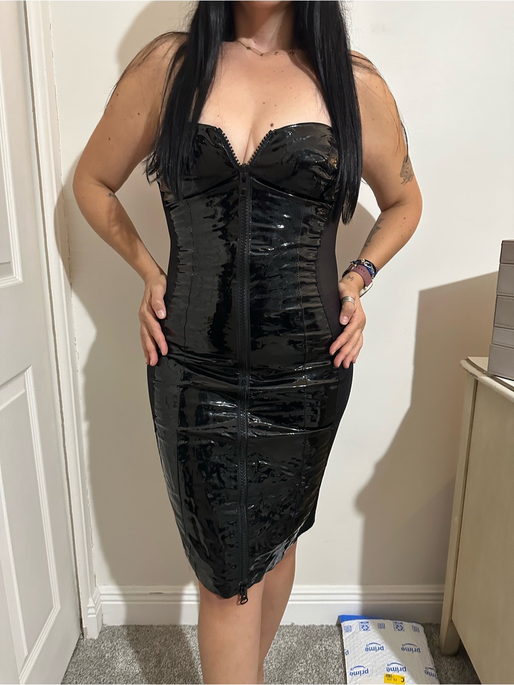 Lip Service Black Strapless PVC Corset Midi Dress
